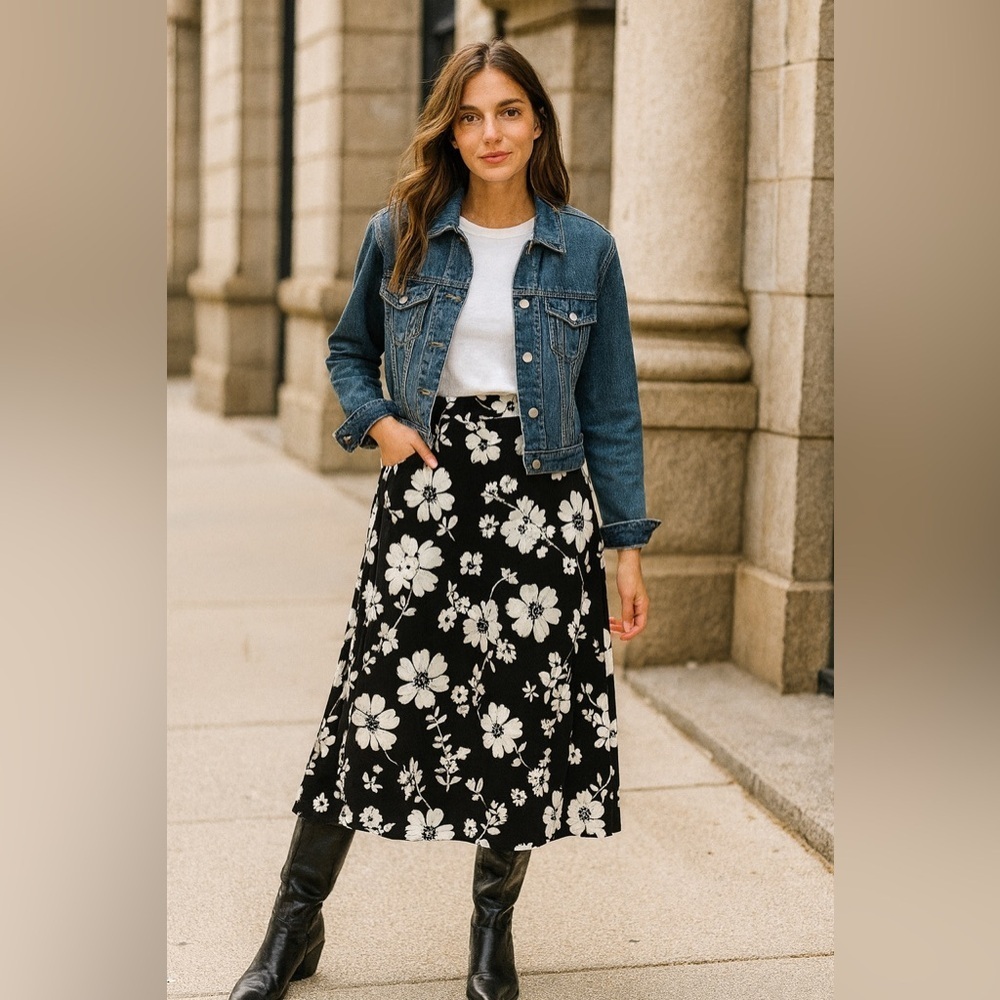 NWT Talbots Petite P Shadow Petals Floral Jersey Midi Skirt Black & White